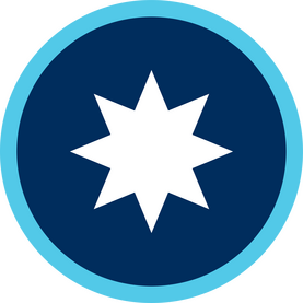 A prominent white, eight-pointed star on a dark blue background